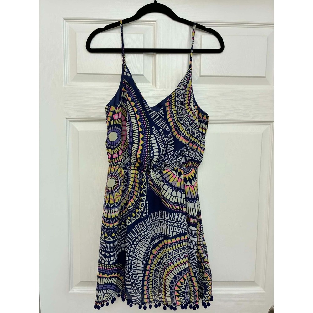 Ocean Drive Womens Large Blue Geometric Sundress Pom Pom Hem Spaghetti Strap